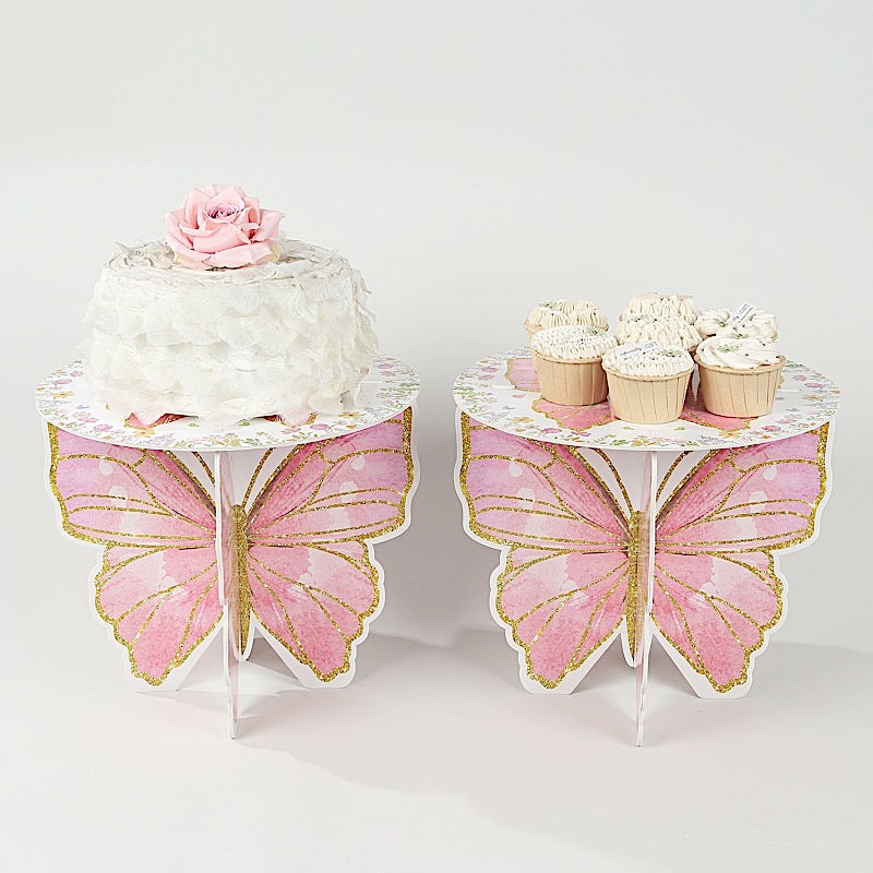 2 Glitter Butterfly Cake Stands - White and Pink