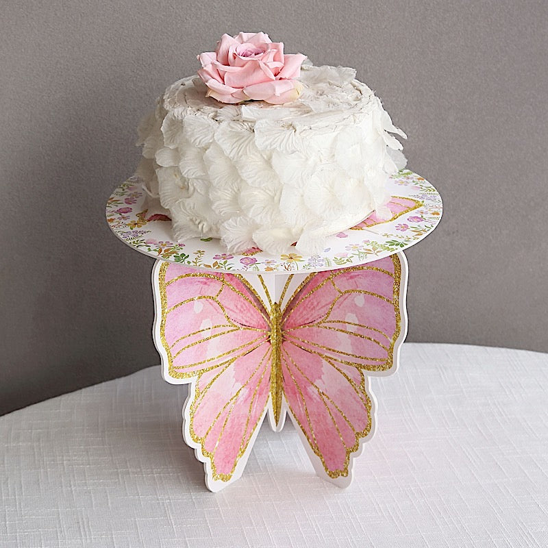 2 Glitter Butterfly Cake Stands - White and Pink