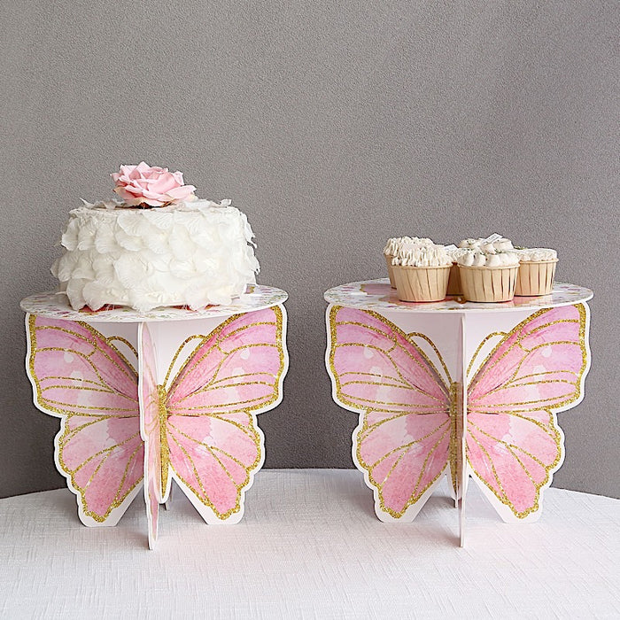 2 Glitter Butterfly Cake Stands - White and Pink