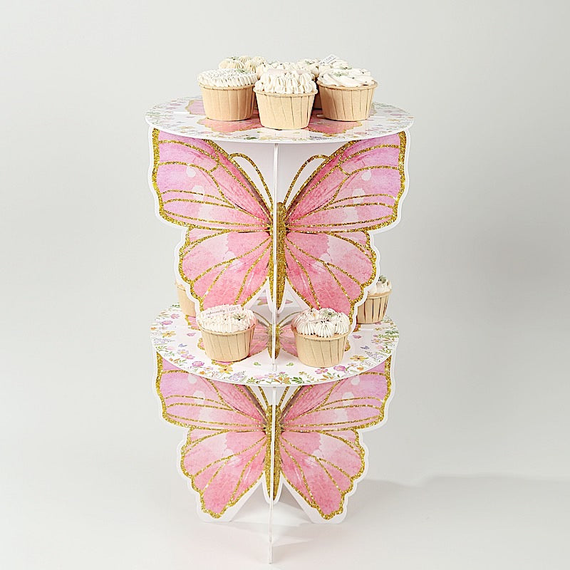 2 Glitter Butterfly Cake Stands - White and Pink