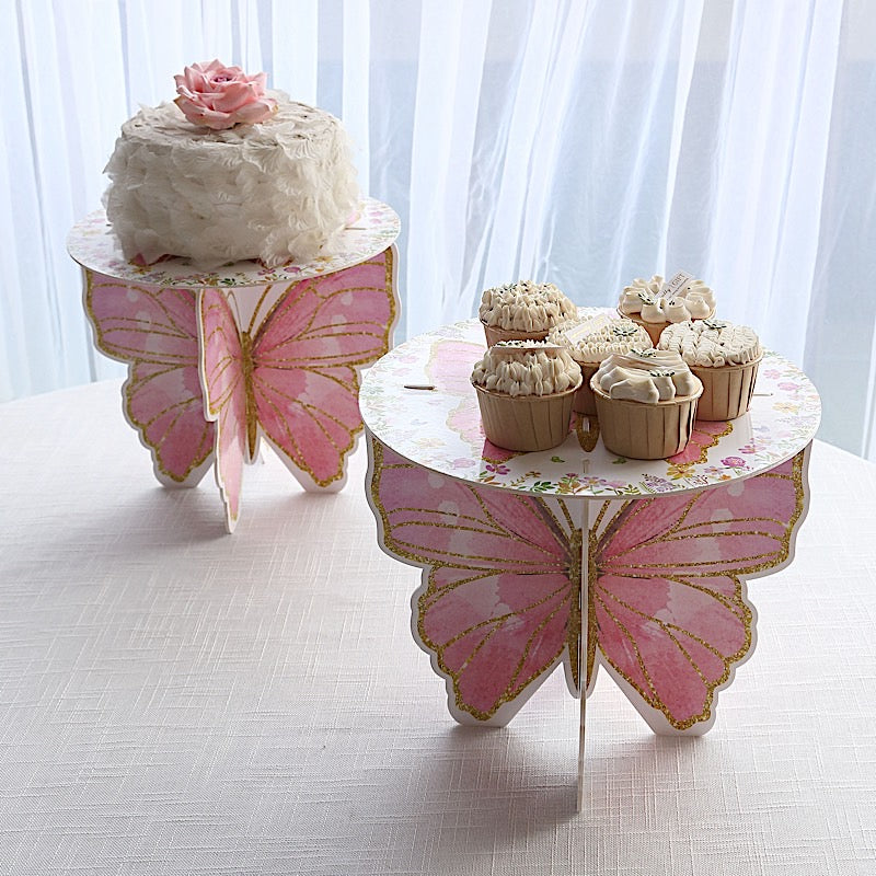 2 Glitter Butterfly Cake Stands - White and Pink