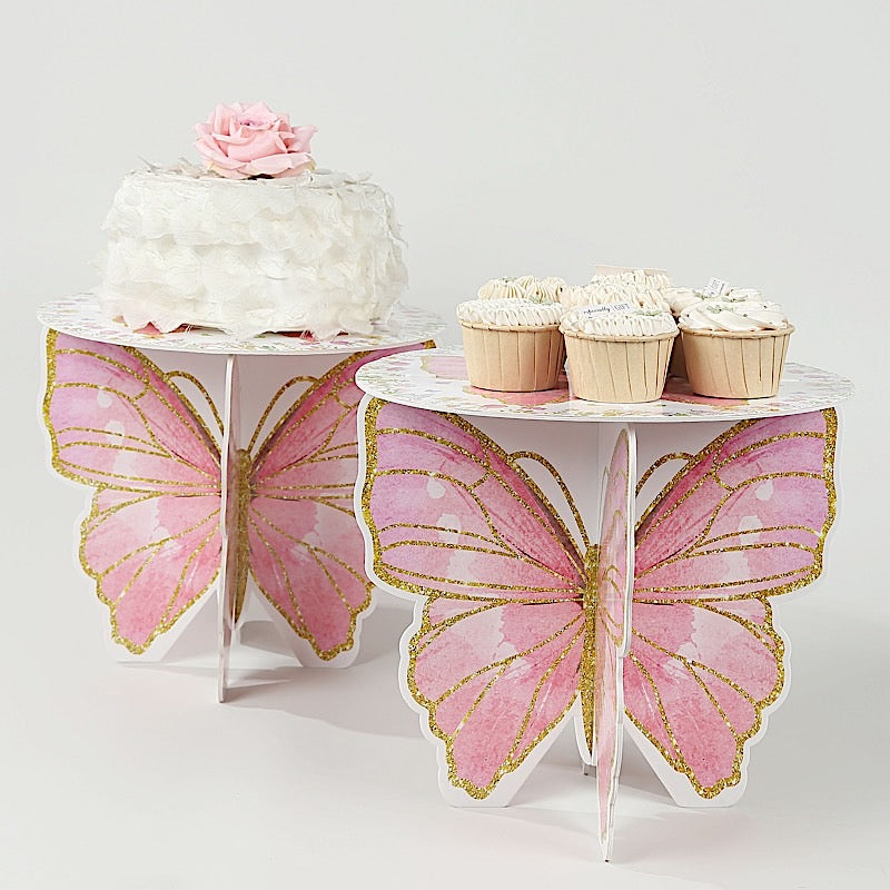 2 Glitter Butterfly Cake Stands - White and Pink