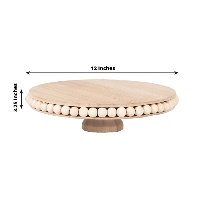 12" Round Rustic Wooden Pedestal Cake Stand with Beaded Edge - Natural