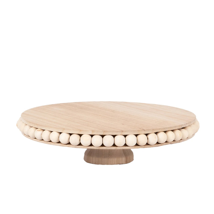 12" Round Rustic Wooden Pedestal Cake Stand with Beaded Edge - Natural