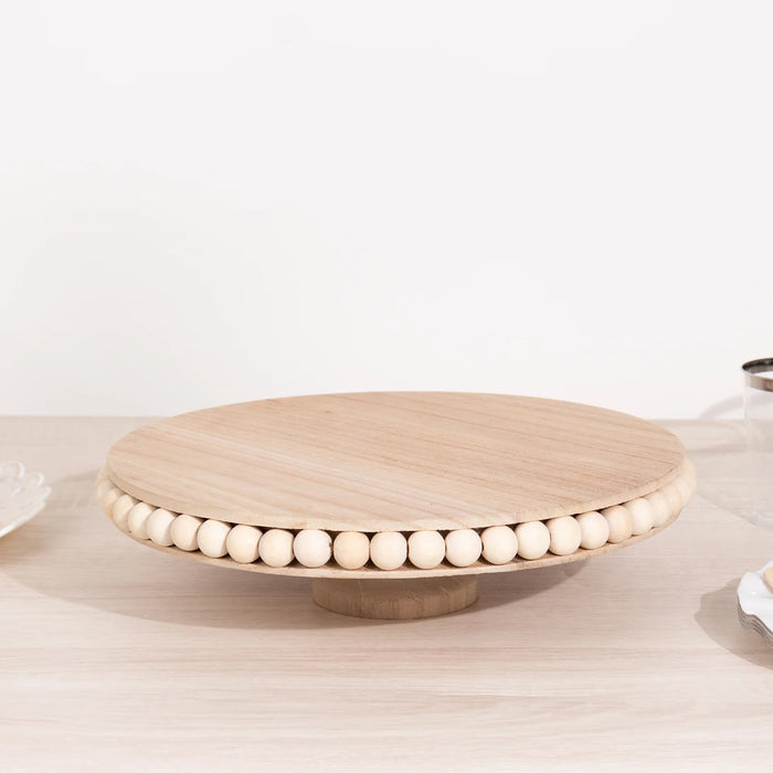 12" Round Rustic Wooden Pedestal Cake Stand with Beaded Edge - Natural