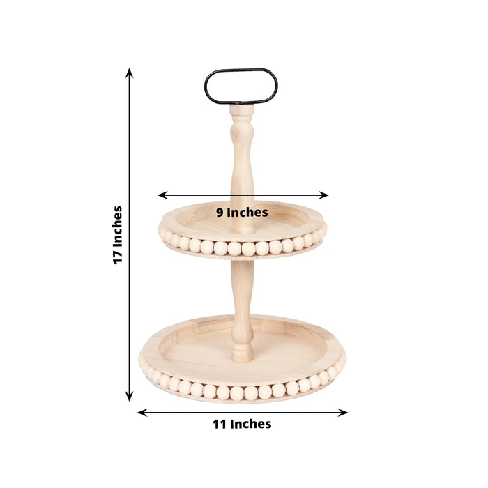 2-Tier Beaded Wooden Serving Tray Stand With Metal Handle - Natural