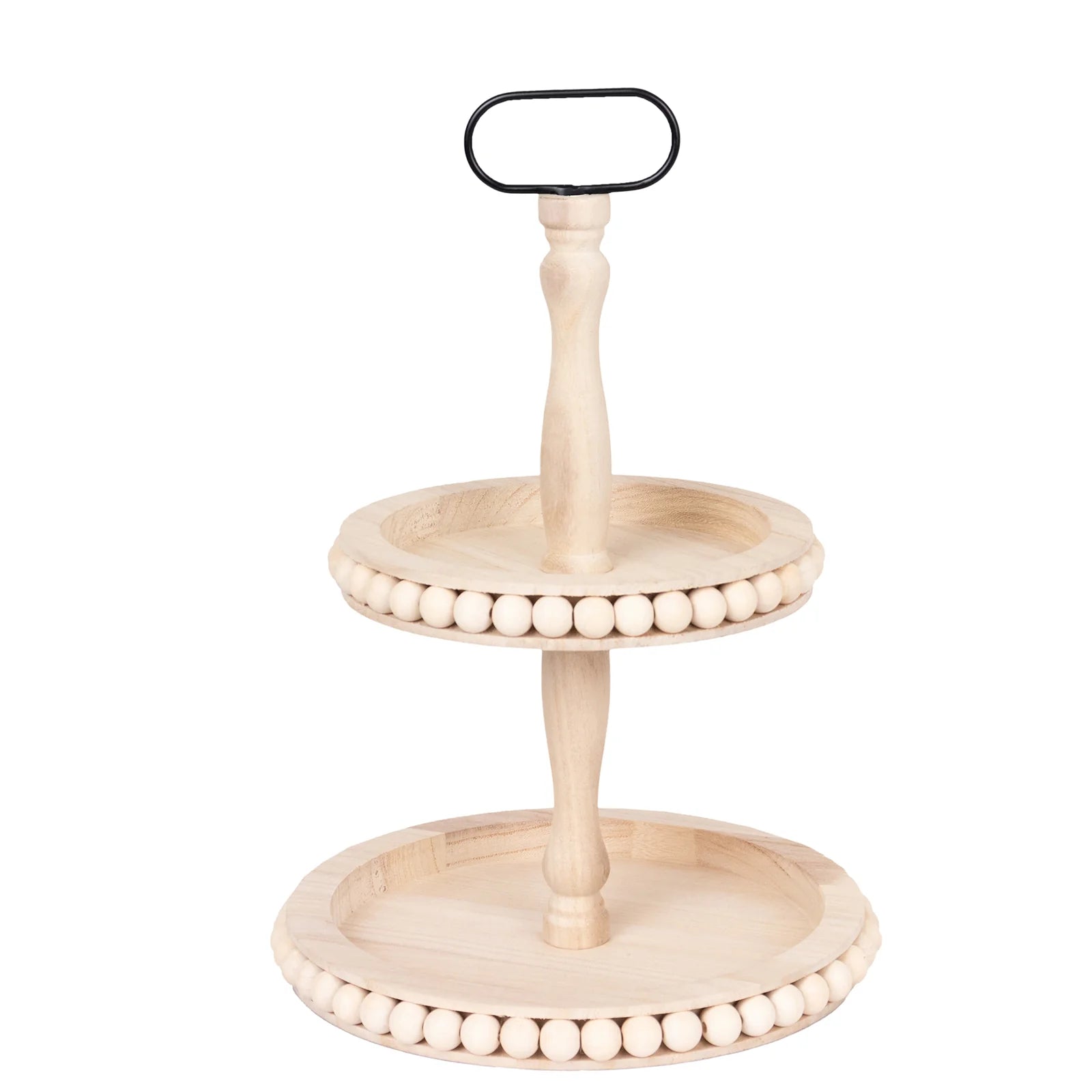 2-Tier Beaded Wooden Serving Tray Stand With Metal Handle - Natural