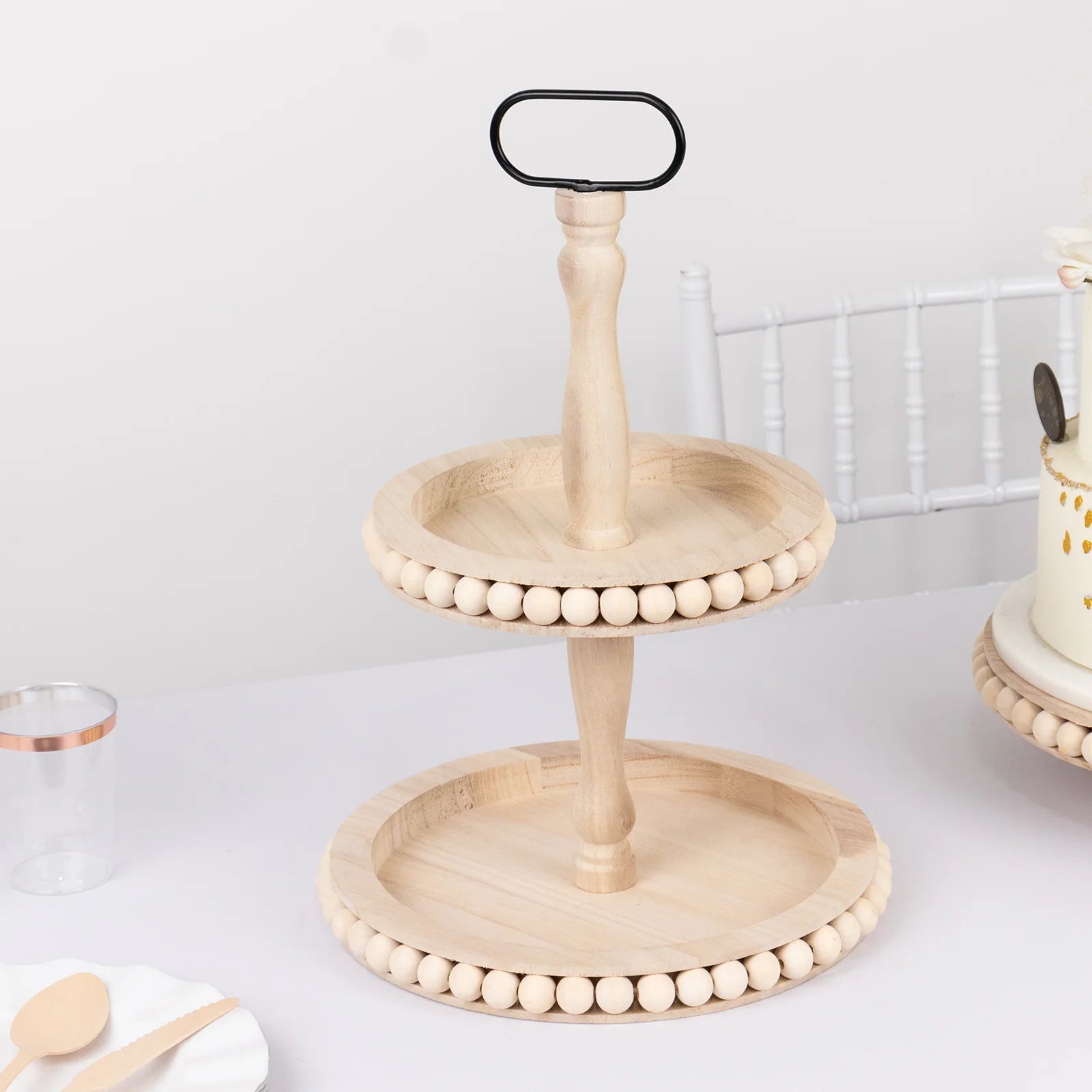 2-Tier Beaded Wooden Serving Tray Stand With Metal Handle - Natural