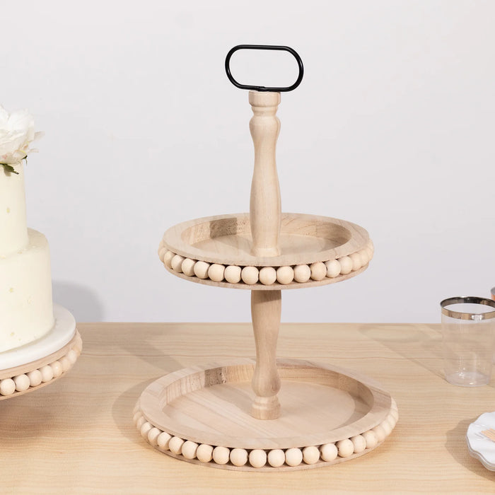 2-Tier Beaded Wooden Serving Tray Stand With Metal Handle - Natural