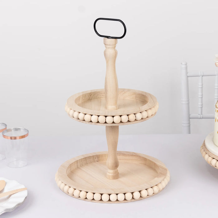 2-Tier Beaded Wooden Serving Tray Stand With Metal Handle - Natural