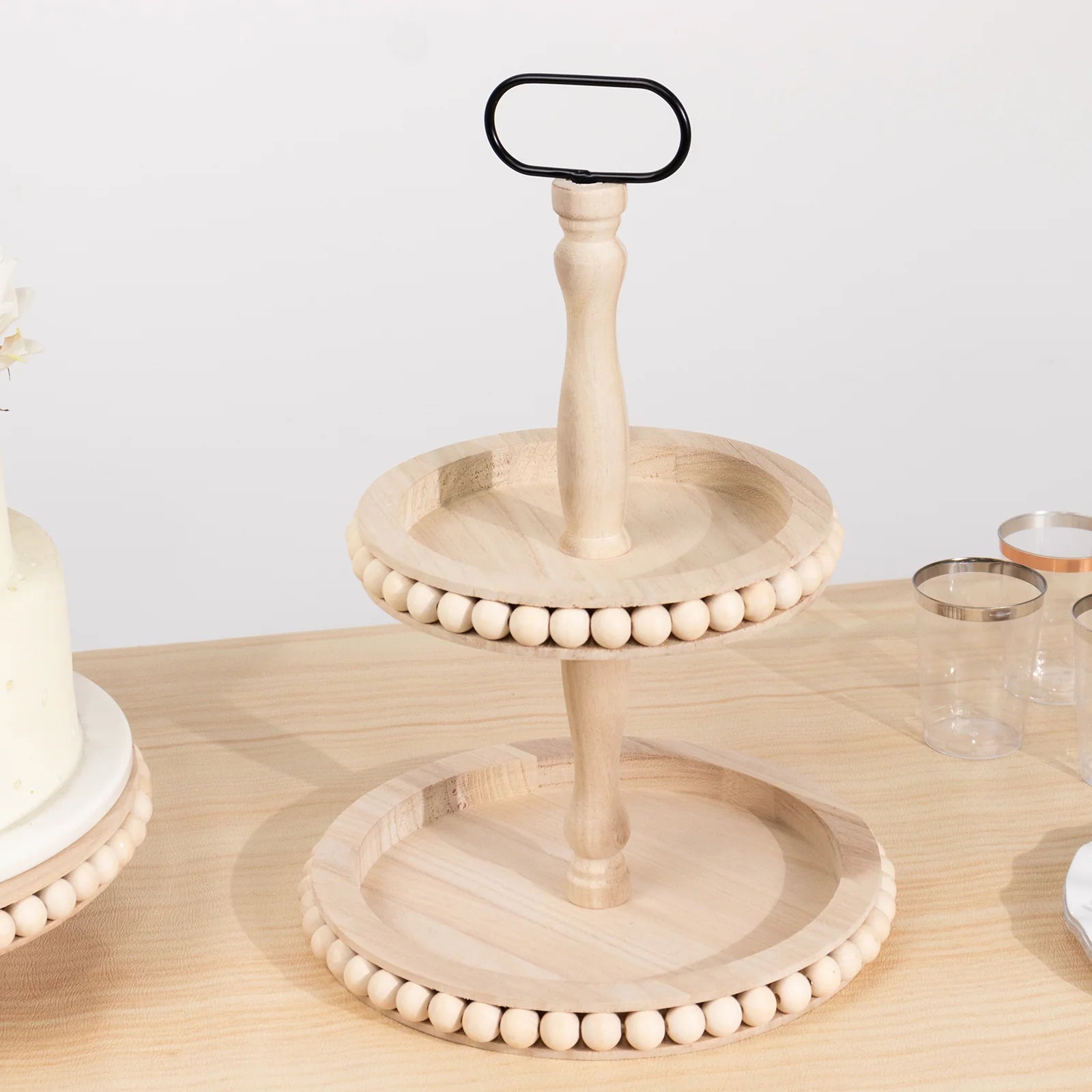 2-Tier Beaded Wooden Serving Tray Stand With Metal Handle - Natural