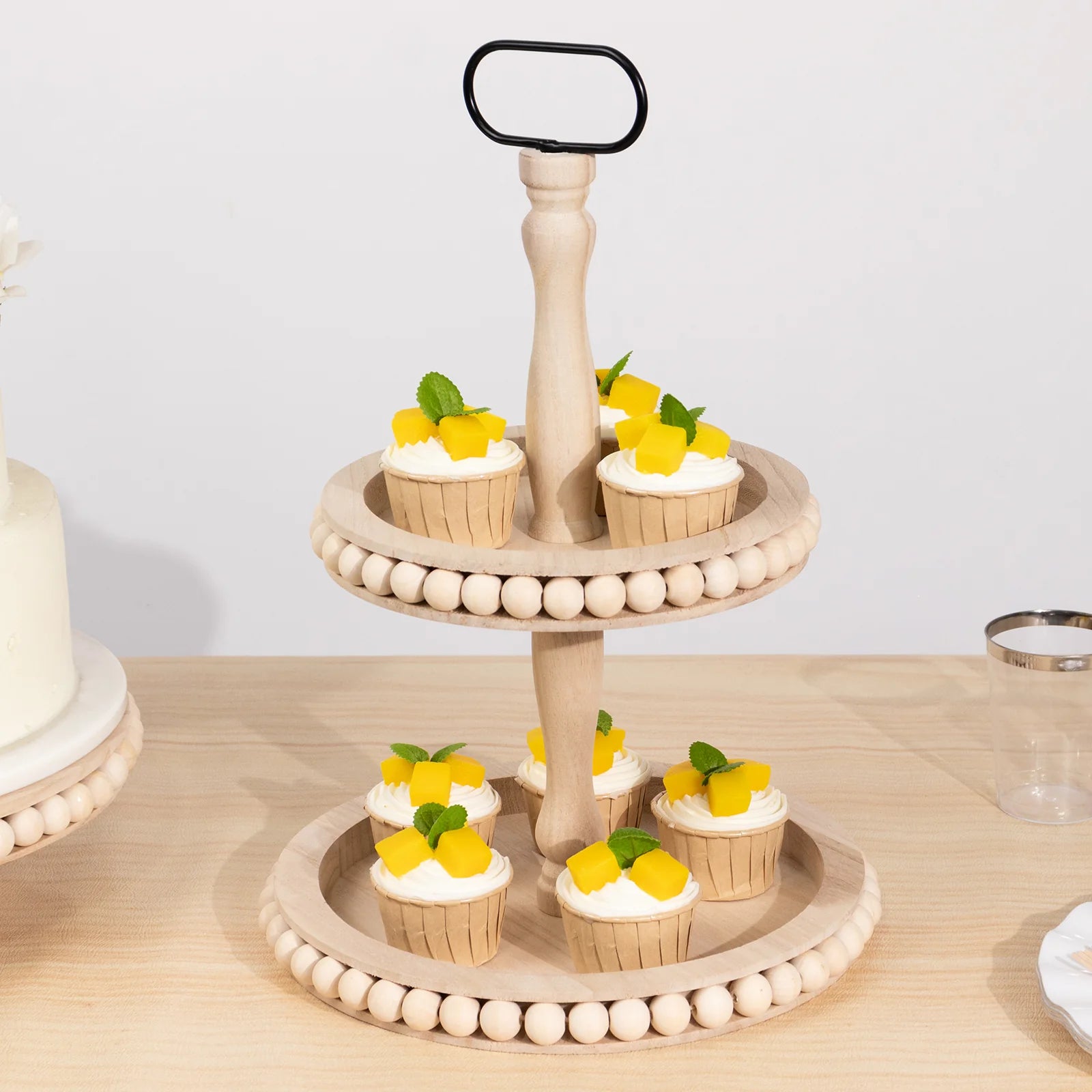 2-Tier Beaded Wooden Serving Tray Stand With Metal Handle - Natural