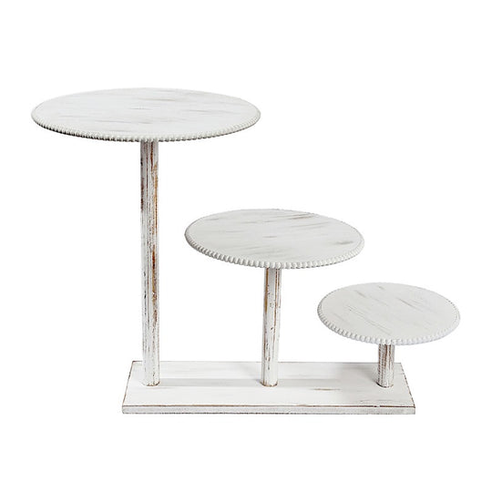 3-Tier Wooden Cake Stand with Round Beaded Rim Trays - Whitewash