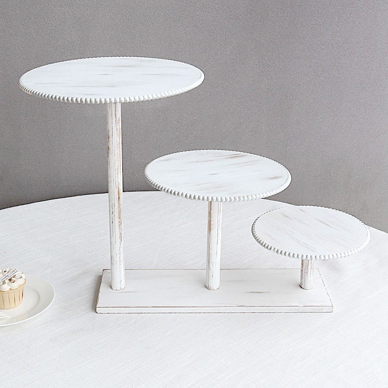 3-Tier Wooden Cake Stand with Round Beaded Rim Trays - Whitewash