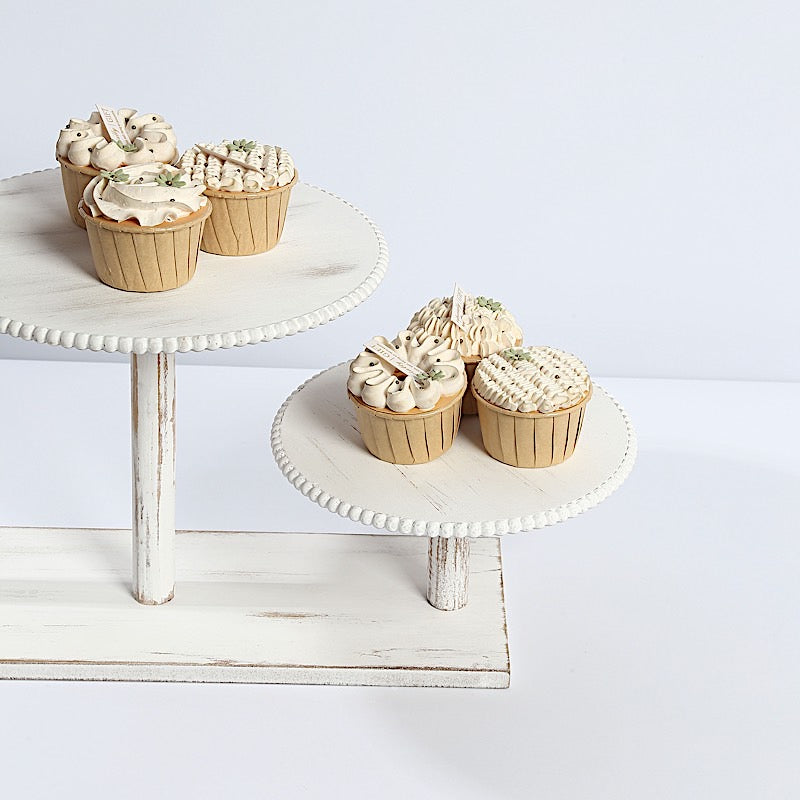 3-Tier Wooden Cake Stand with Round Beaded Rim Trays - Whitewash