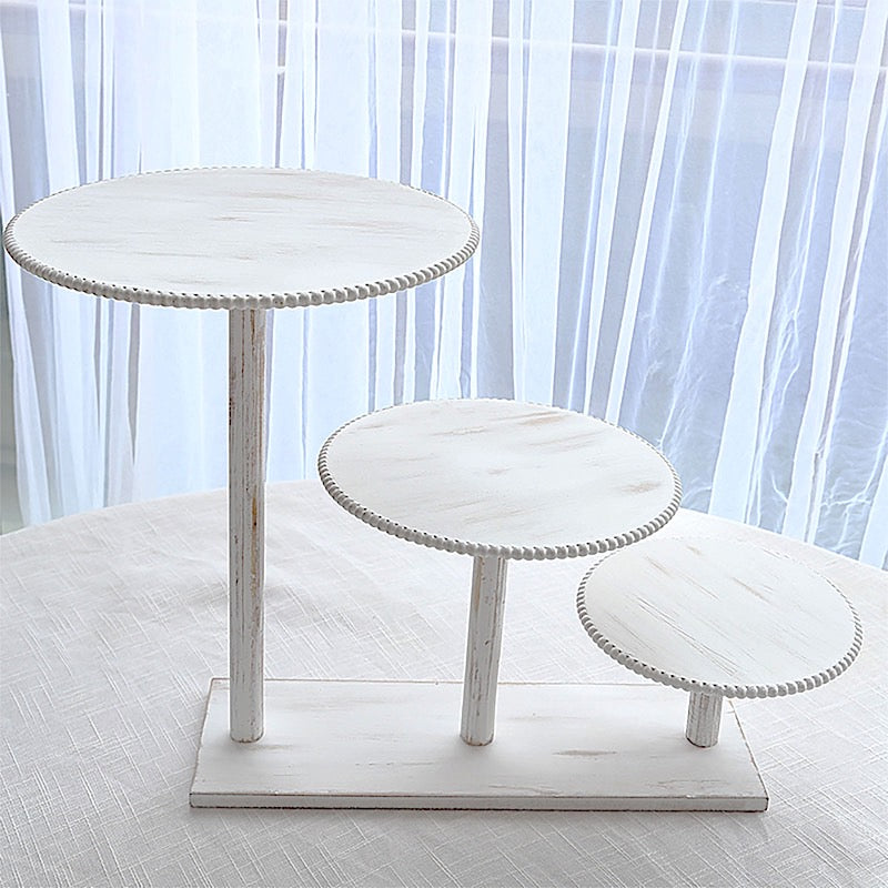 3-Tier Wooden Cake Stand with Round Beaded Rim Trays - Whitewash