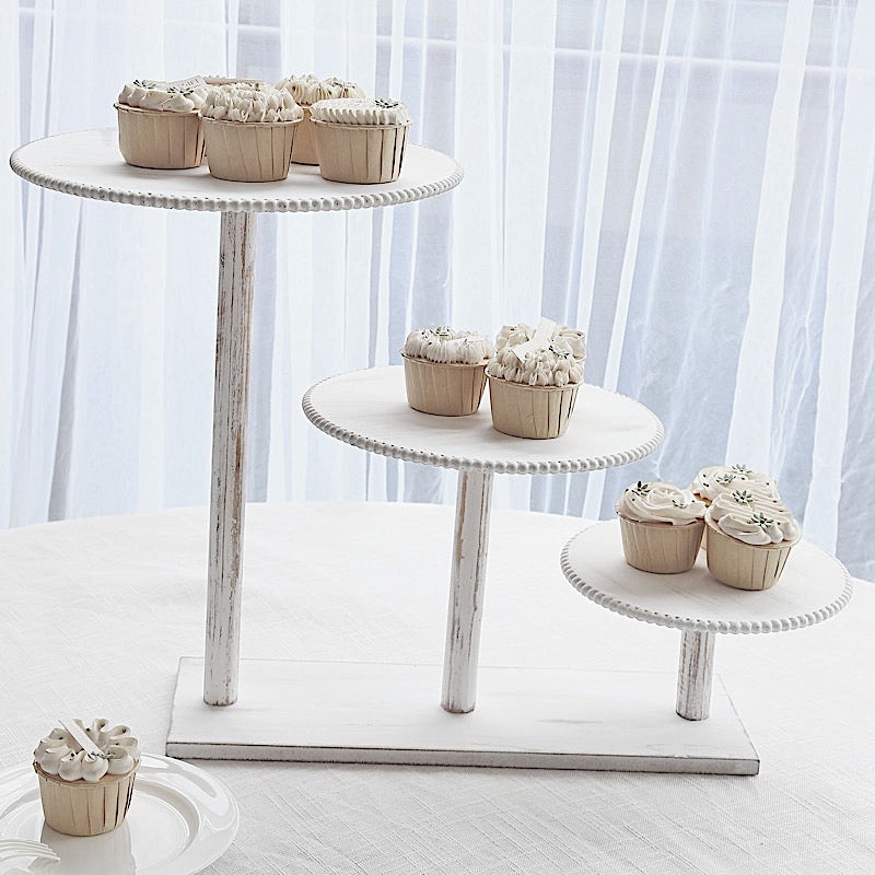 3-Tier Wooden Cake Stand with Round Beaded Rim Trays - Whitewash