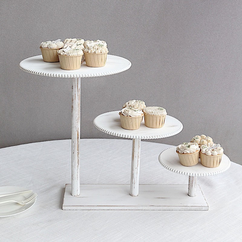 3-Tier Wooden Cake Stand with Round Beaded Rim Trays - Whitewash