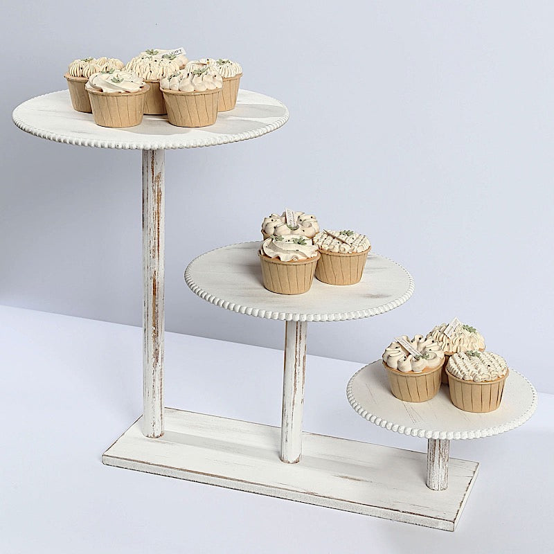 3-Tier Wooden Cake Stand with Round Beaded Rim Trays - Whitewash