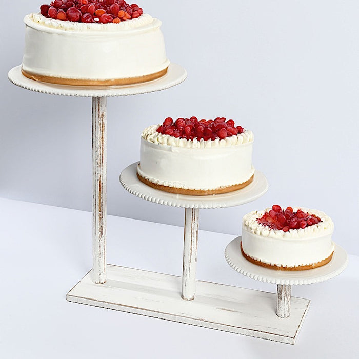 3-Tier Wooden Cake Stand with Round Beaded Rim Trays - Whitewash