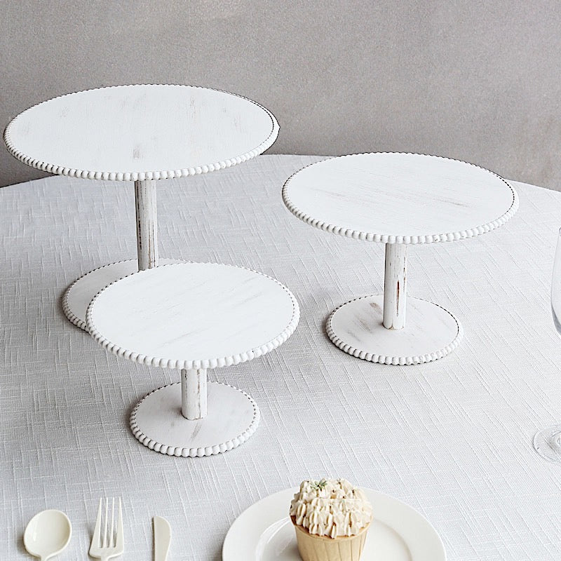 3 Wooden Pedestal Cake Stands with Round Beaded Rim Trays - Whitewash