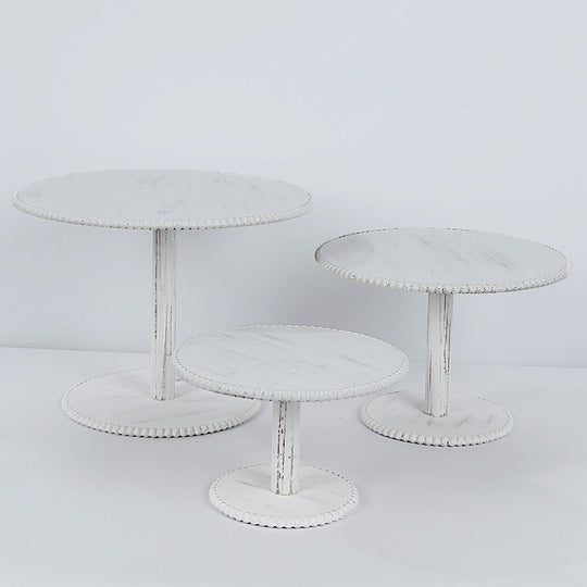 3 Wooden Pedestal Cake Stands with Round Beaded Rim Trays - Whitewash