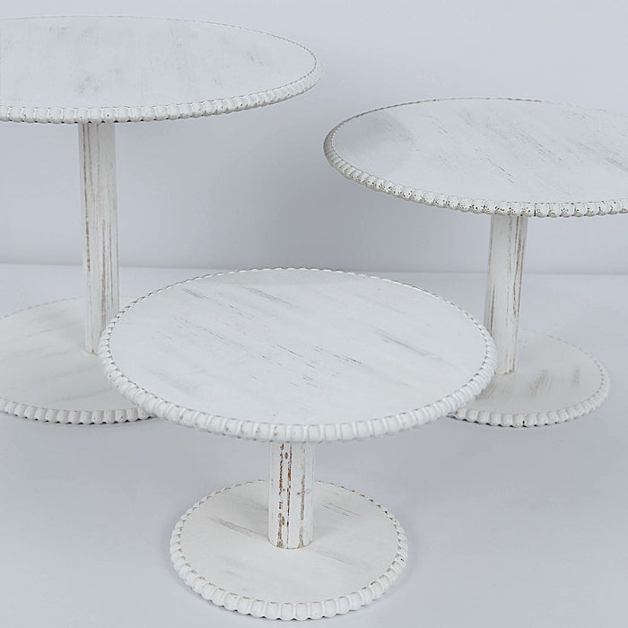 3 Wooden Pedestal Cake Stands with Round Beaded Rim Trays - Whitewash