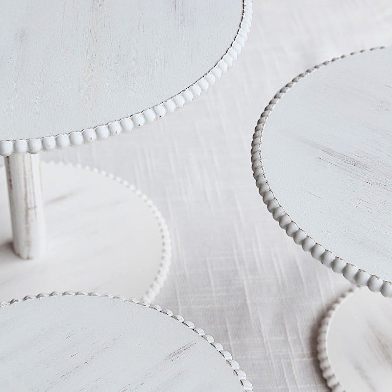 3 Wooden Pedestal Cake Stands with Round Beaded Rim Trays - Whitewash