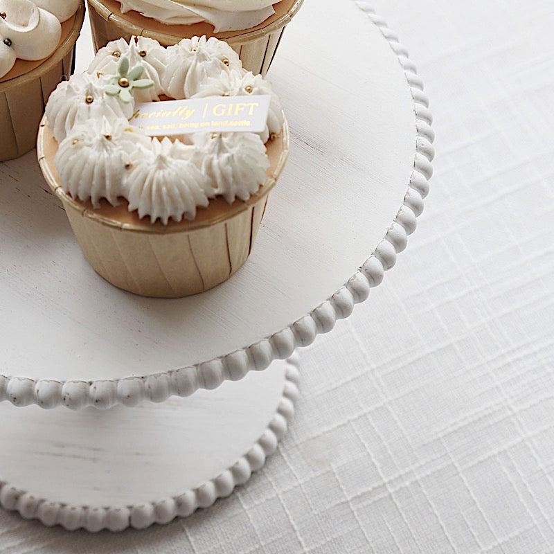 3 Wooden Pedestal Cake Stands with Round Beaded Rim Trays - Whitewash