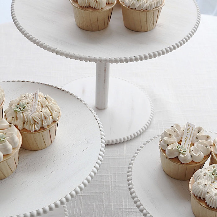 3 Wooden Pedestal Cake Stands with Round Beaded Rim Trays - Whitewash