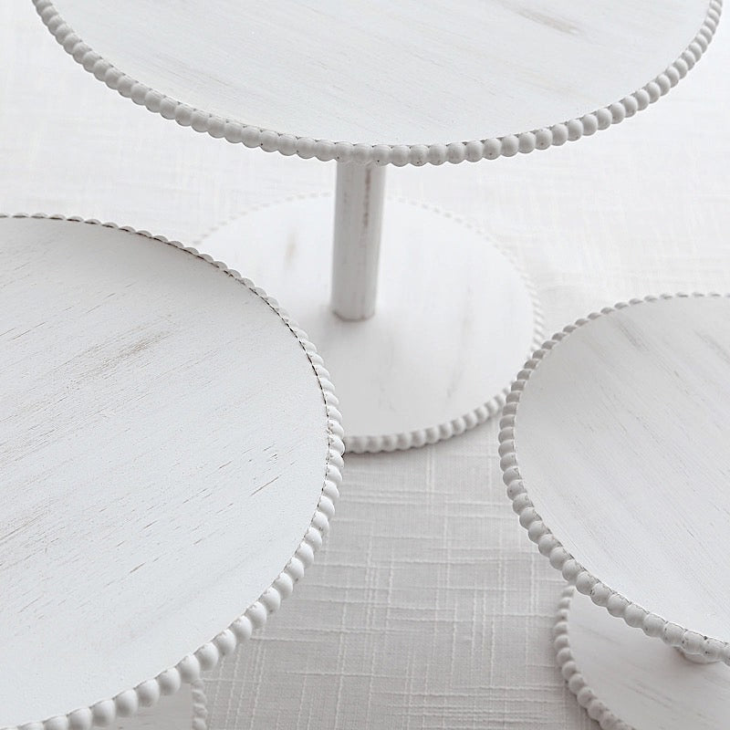 3 Wooden Pedestal Cake Stands with Round Beaded Rim Trays - Whitewash