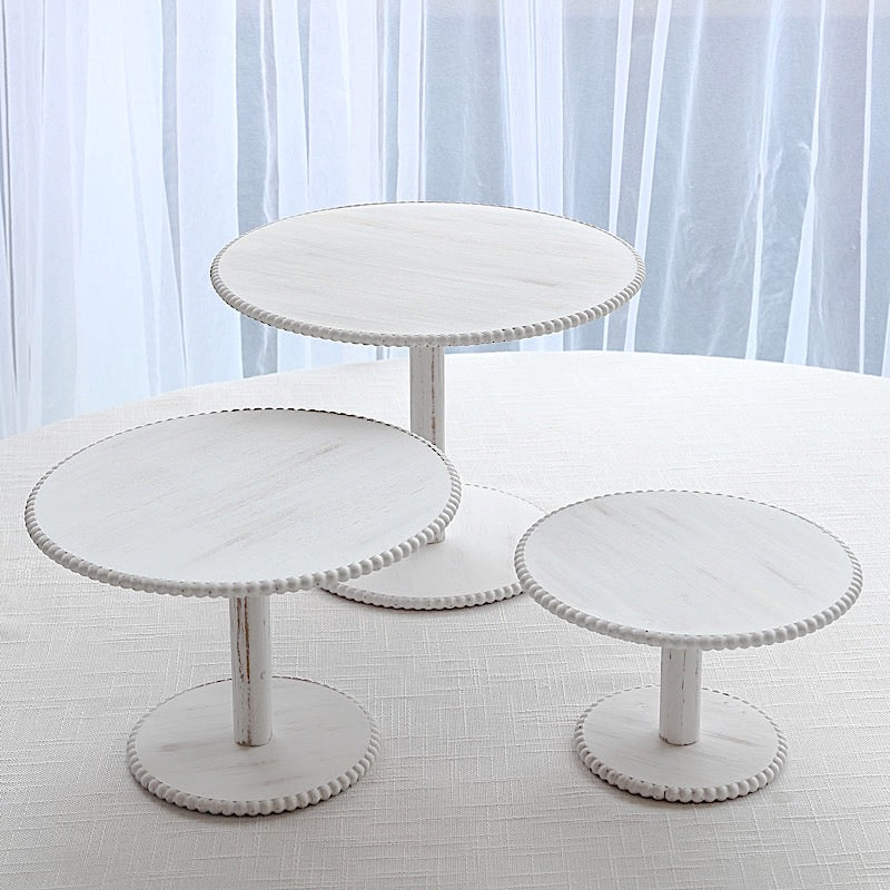 3 Wooden Pedestal Cake Stands with Round Beaded Rim Trays - Whitewash