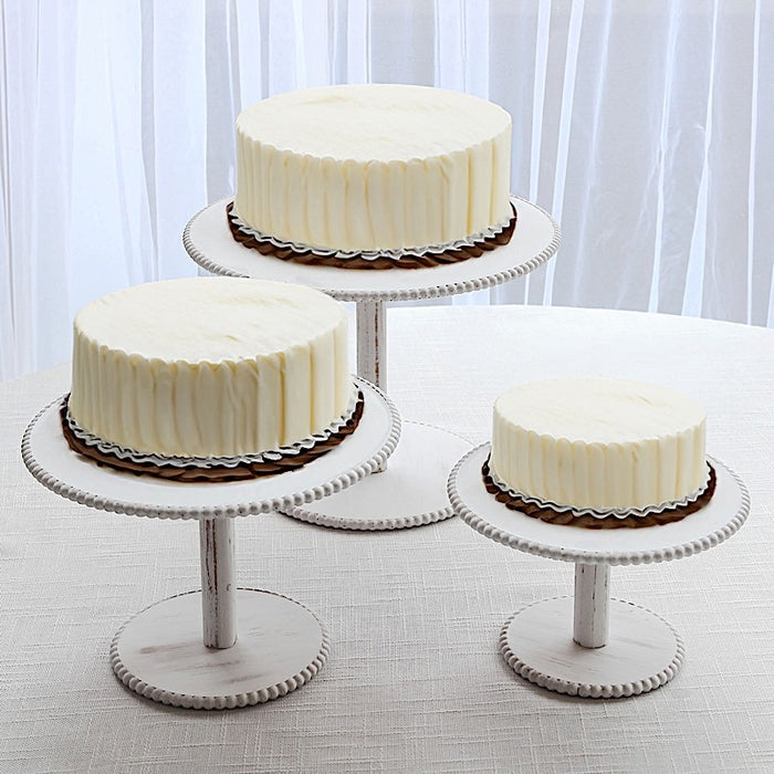 3 Wooden Pedestal Cake Stands with Round Beaded Rim Trays - Whitewash