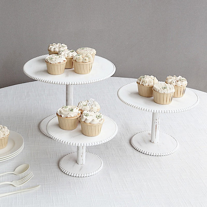 3 Wooden Pedestal Cake Stands with Round Beaded Rim Trays - Whitewash