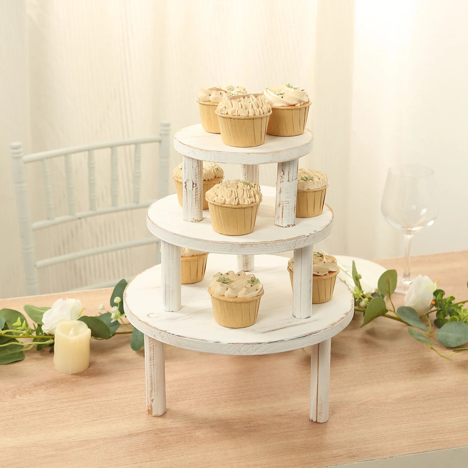 3 Wooden Pedestal Cake Stands with Removable Legs - Whitewash