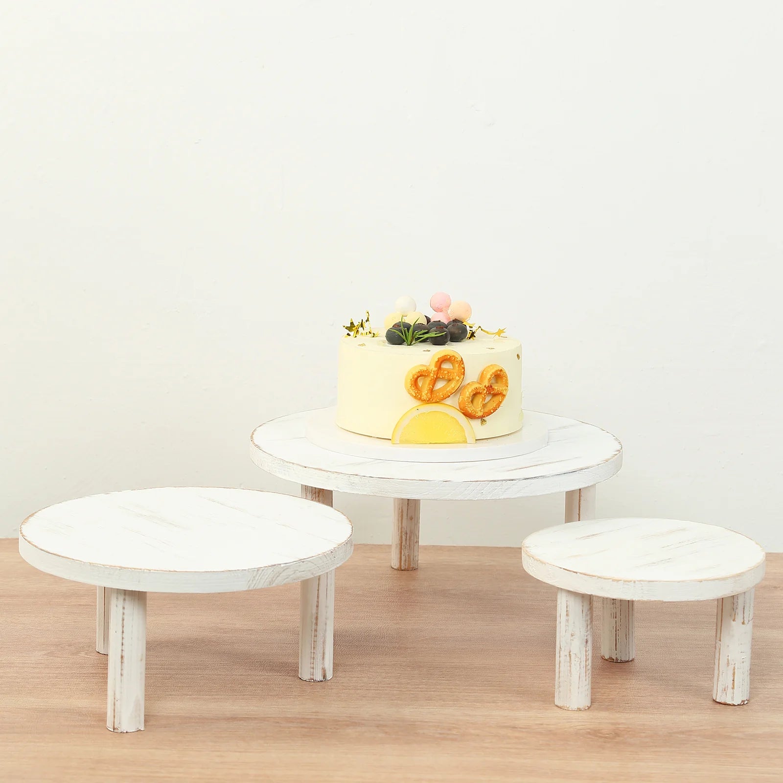 3 Wooden Pedestal Cake Stands with Removable Legs - Whitewash