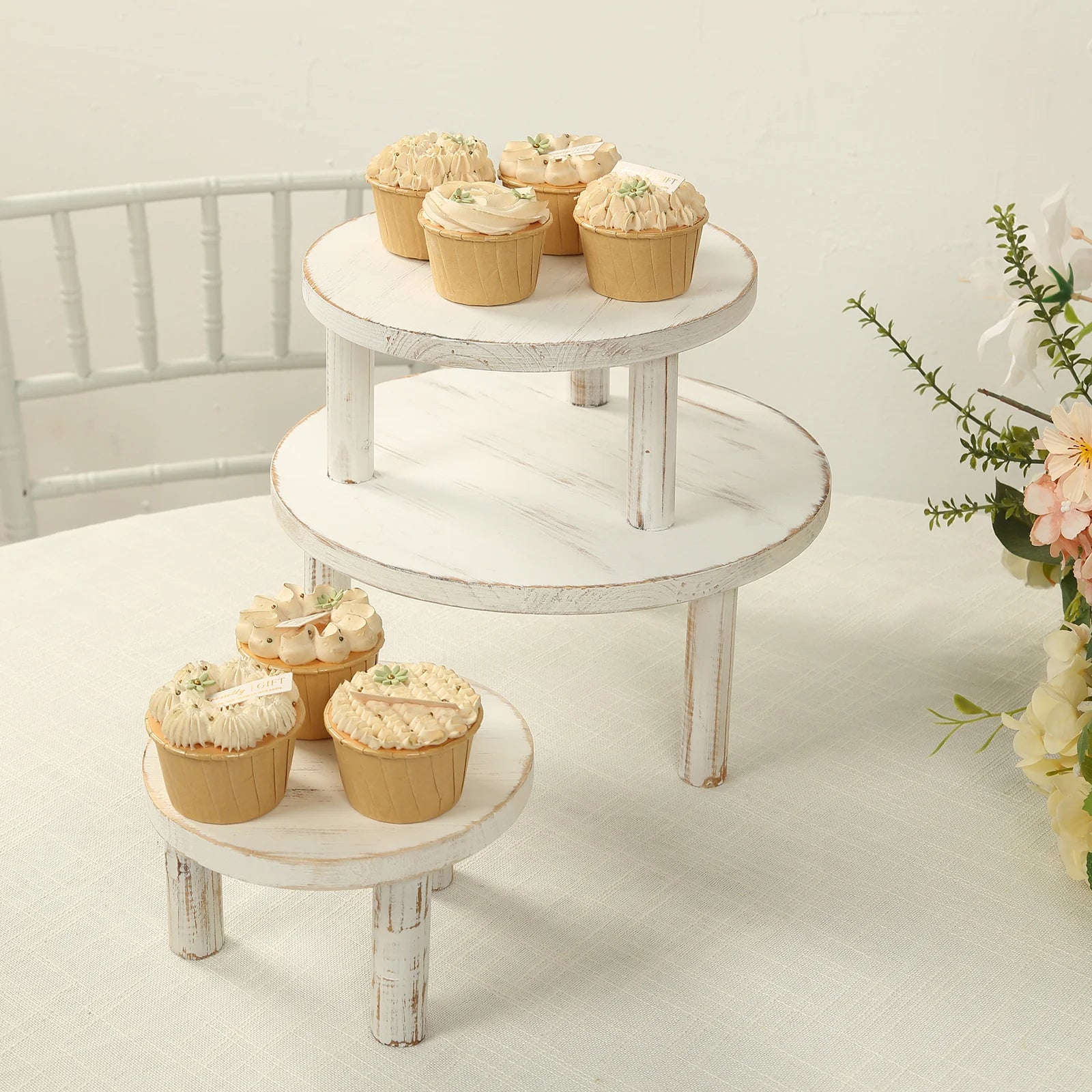 3 Wooden Pedestal Cake Stands with Removable Legs - Whitewash