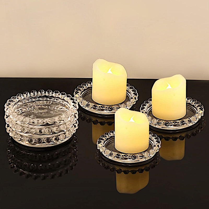 6 Glass Pillar Candle Holder Plates with Beaded Rims - Clear