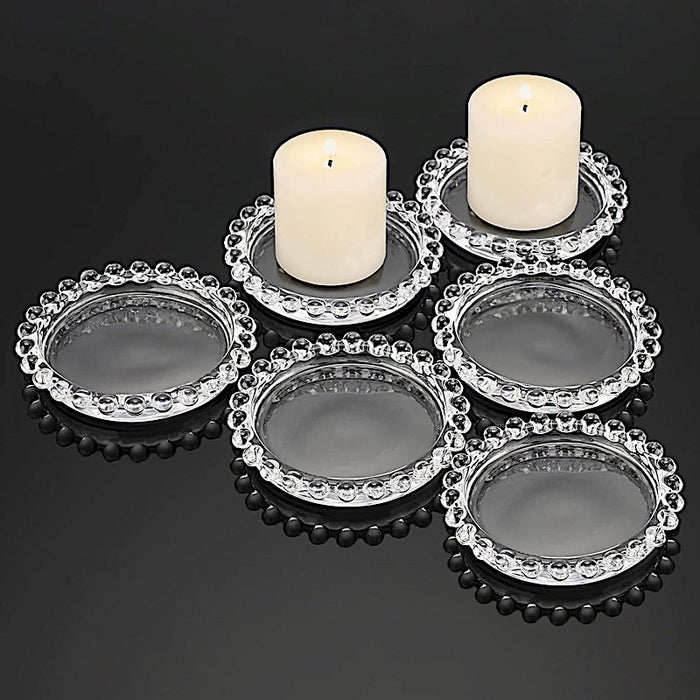 6 Glass Pillar Candle Holder Plates with Beaded Rims - Clear