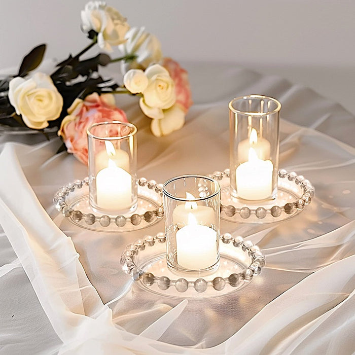 6 Glass Pillar Candle Holder Plates with Beaded Rims - Clear