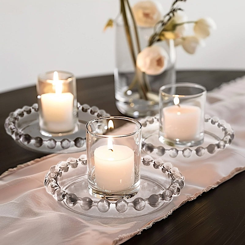 6 Glass Pillar Candle Holder Plates with Beaded Rims - Clear