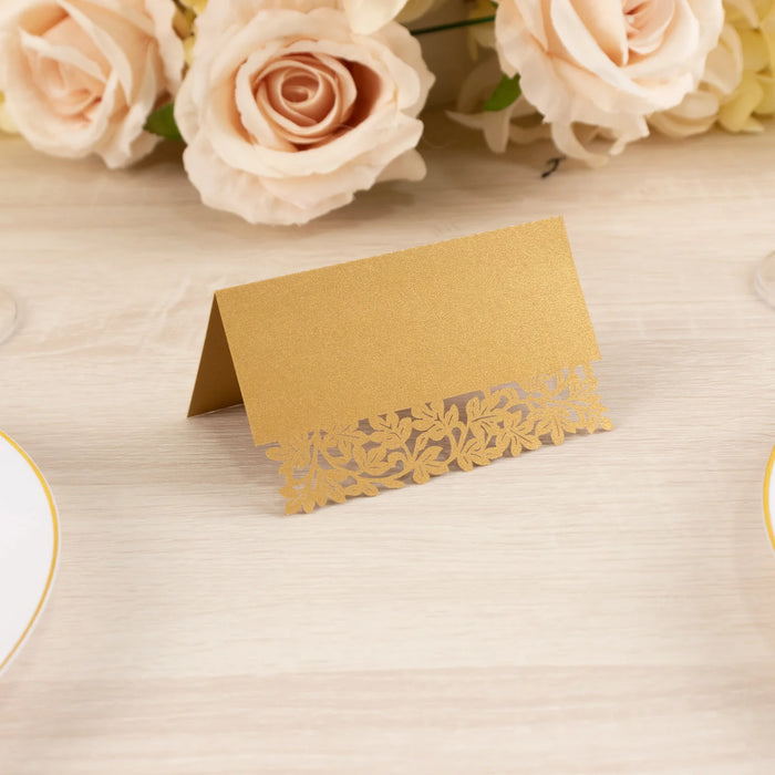 50 Paper Table Name Place Cards with Laser Cut Leaf Vine Design - White