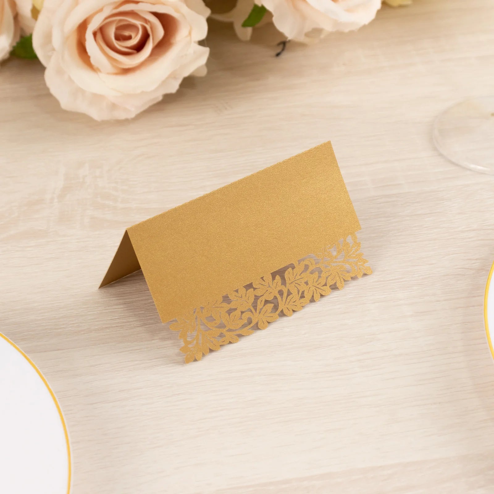 50 Paper Table Name Place Cards with Laser Cut Leaf Vine Design - White