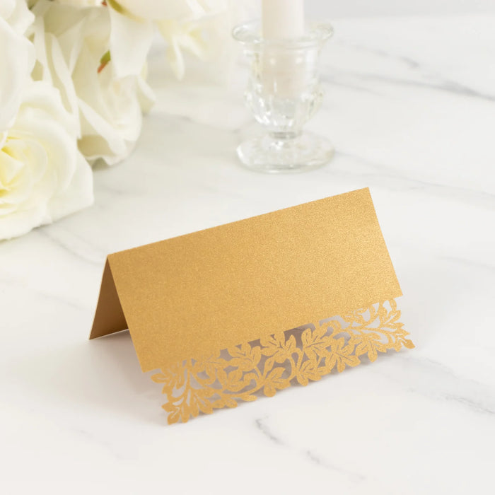 50 Paper Table Name Place Cards with Laser Cut Leaf Vine Design - White