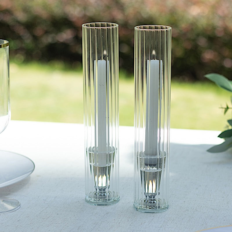 2 Ribbed Candelabra Candle Holder Glass Shades - Clear