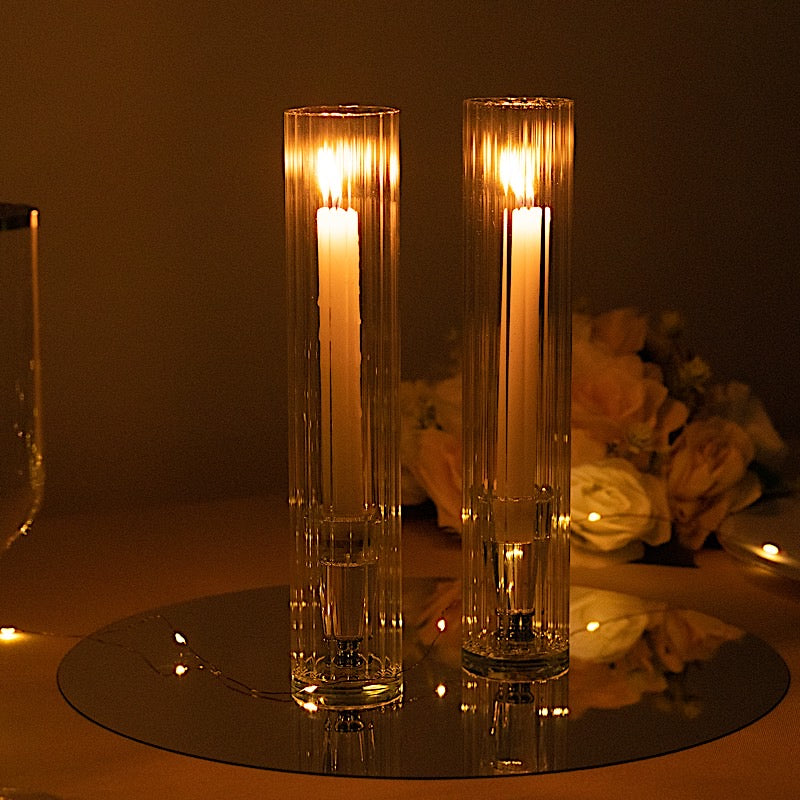 2 Ribbed Candelabra Candle Holder Glass Shades - Clear