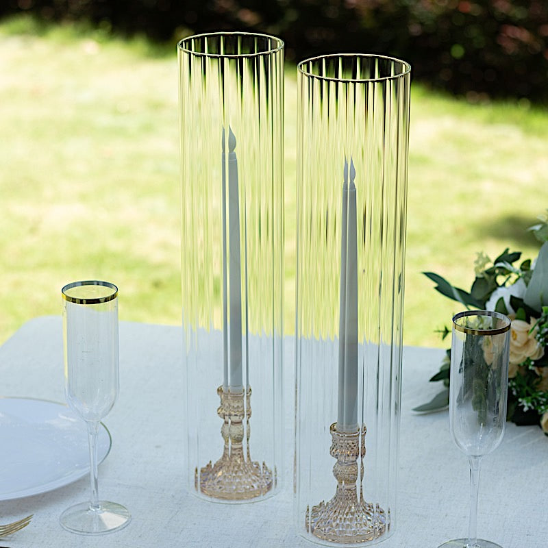 2 Ribbed Candelabra Candle Holder Glass Shades - Clear