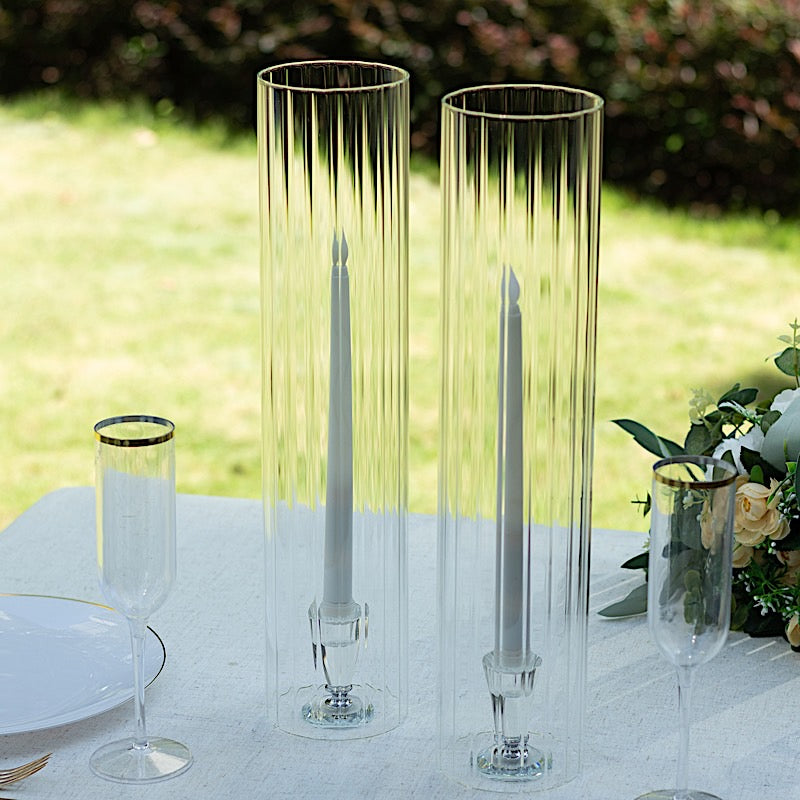 2 Ribbed Candelabra Candle Holder Glass Shades - Clear