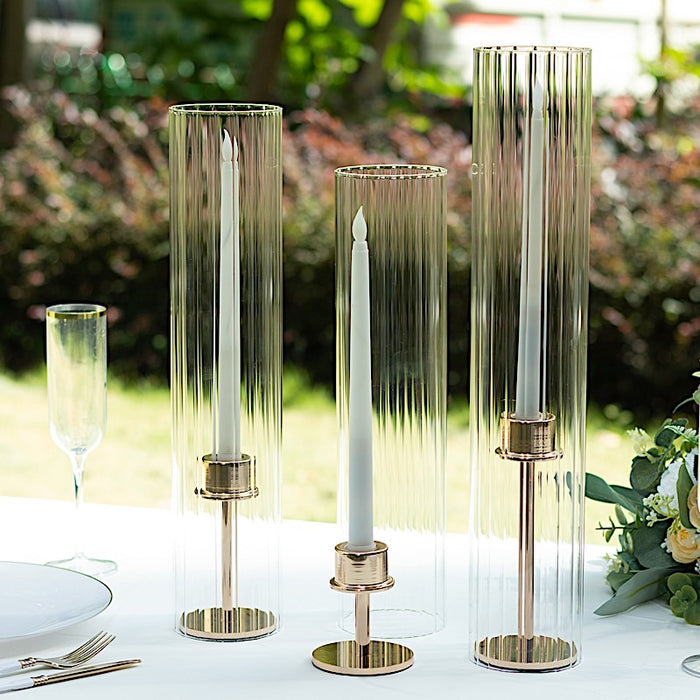 3 Ribbed Candelabra Candle Holder Glass Shades - Clear