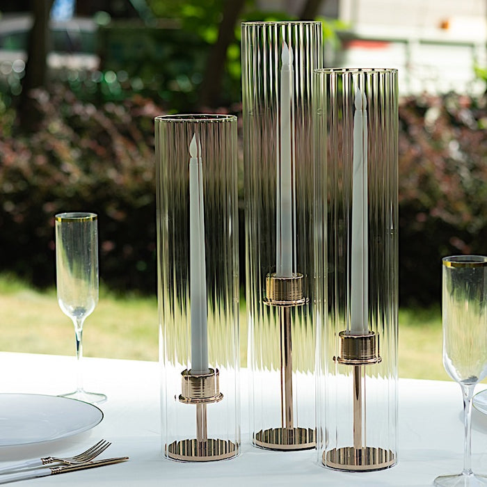 3 Ribbed Candelabra Candle Holder Glass Shades - Clear